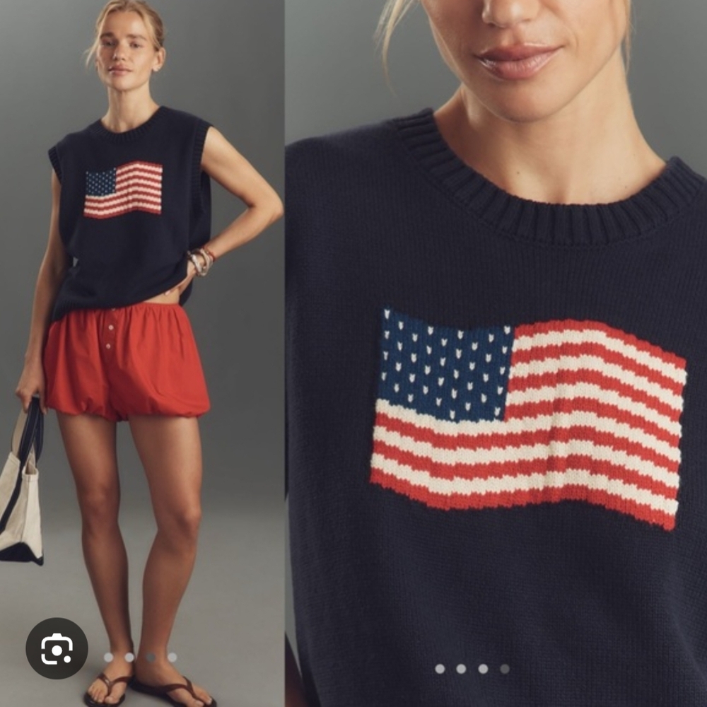 Anthropologie Navy Sleeveless Sweatshirt with American Flag